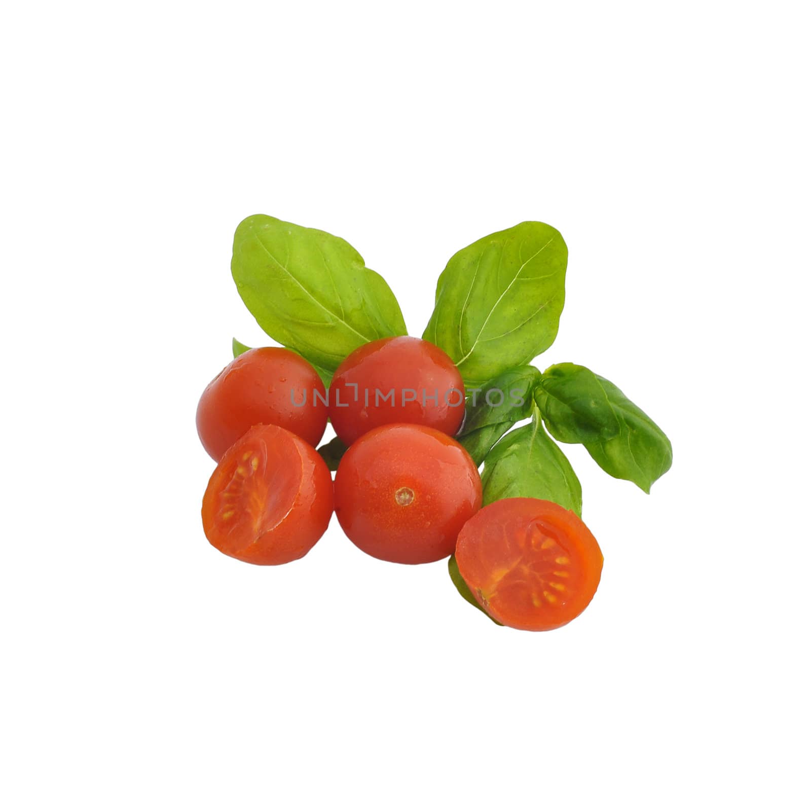 some tomatoes and basil leaves on a white background