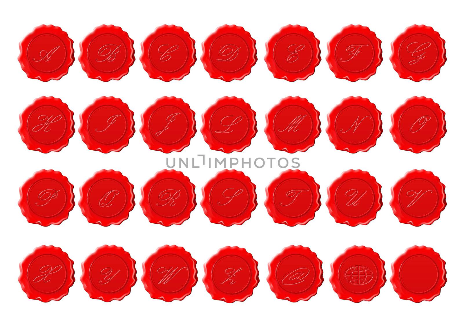 complete alphabet in red wax on a white background
