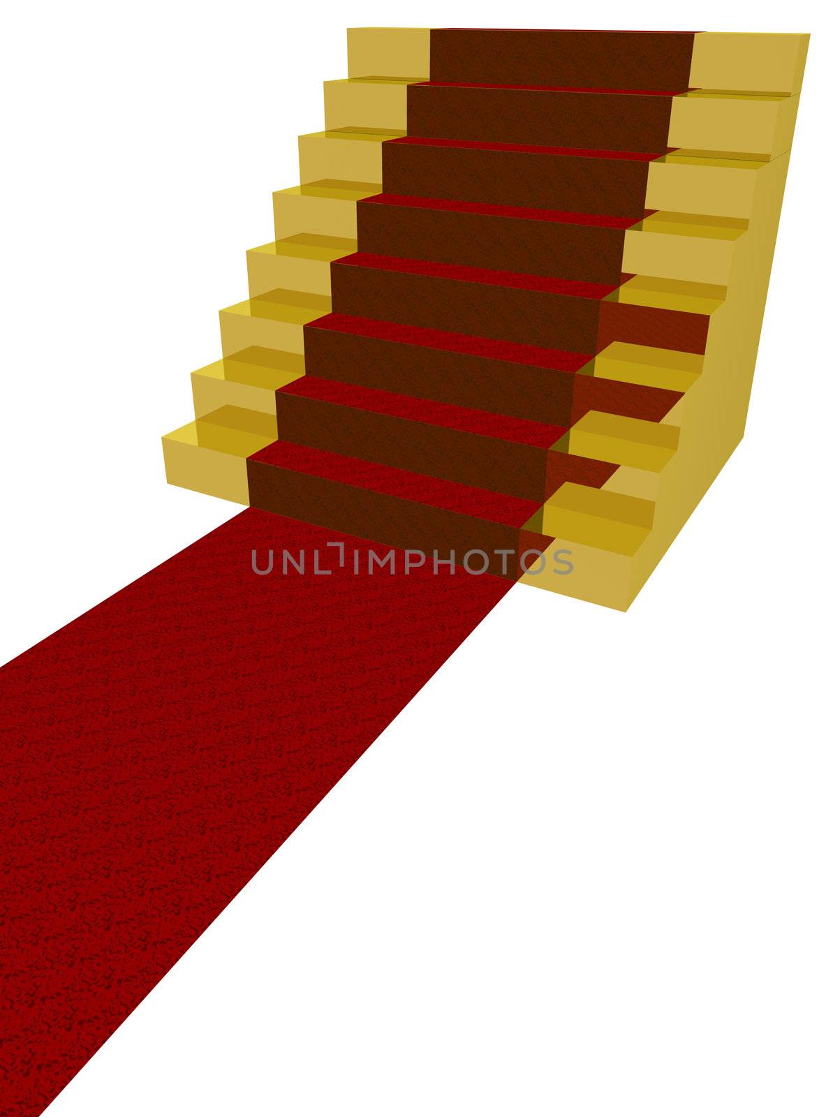 Golden stairs with red carpet. This image is a 3D render.