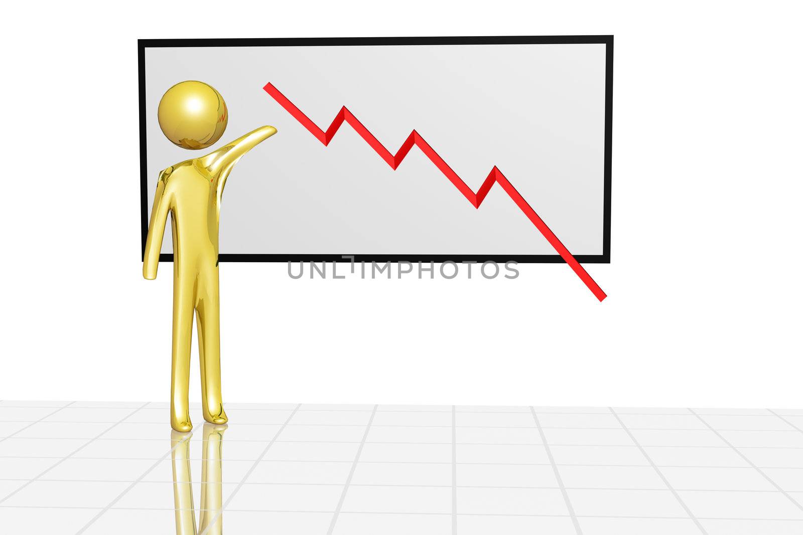 Character showing red negative chart on board.