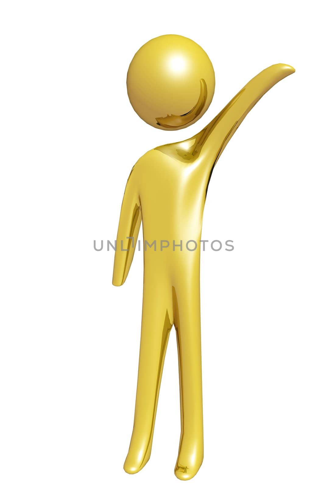 Golden character showing something. Image is a 3D render.