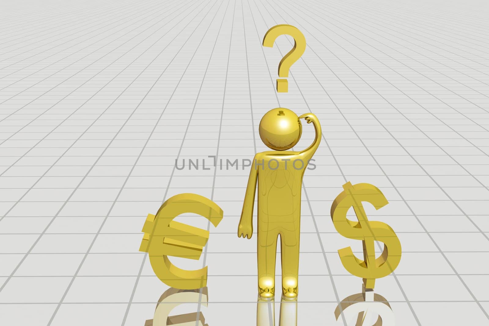Character choosing currency. This image is a 3D render.