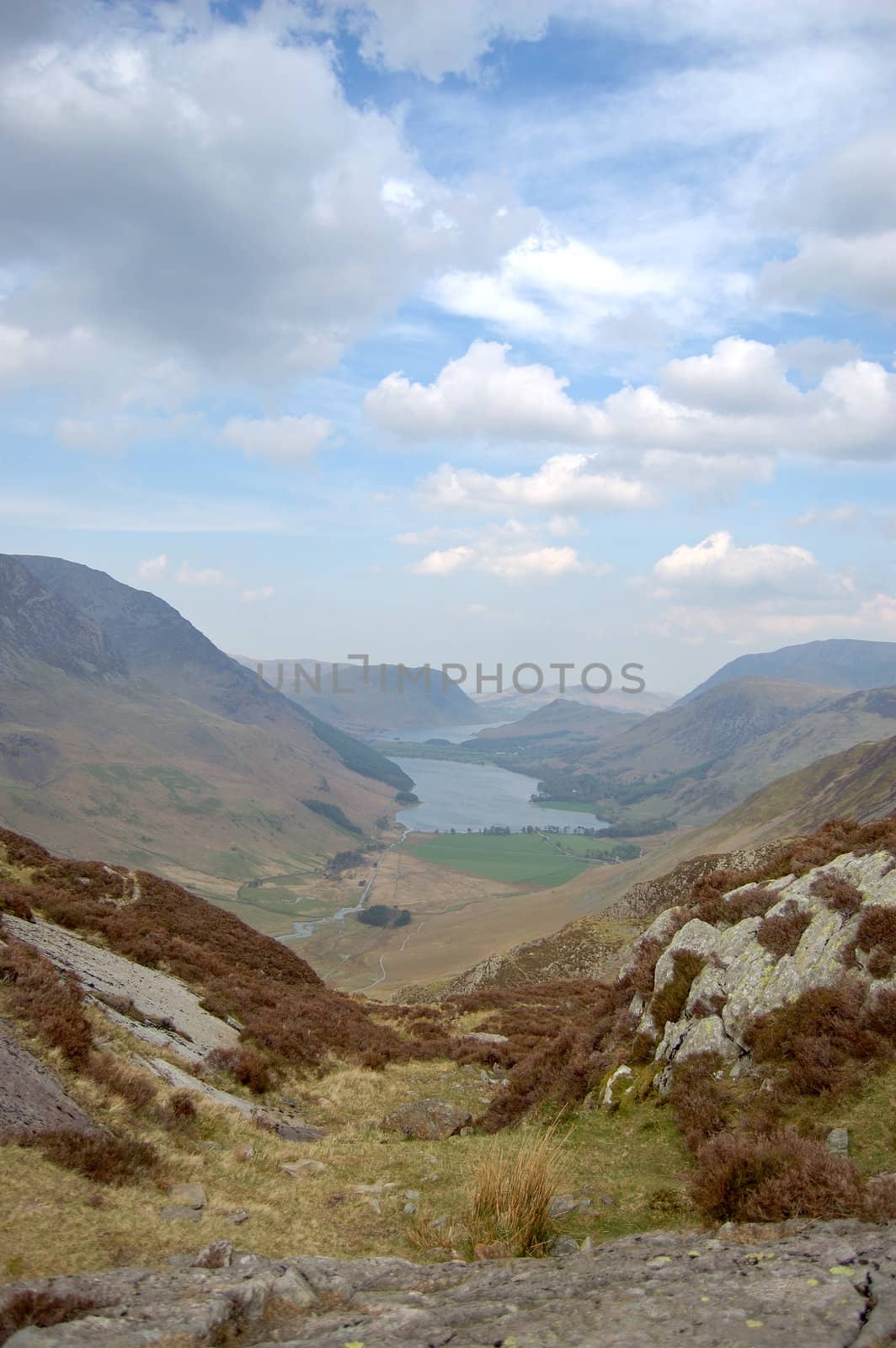 Buttermere and valley from the path leading to Haystacks, a popular mountain in the Lake District