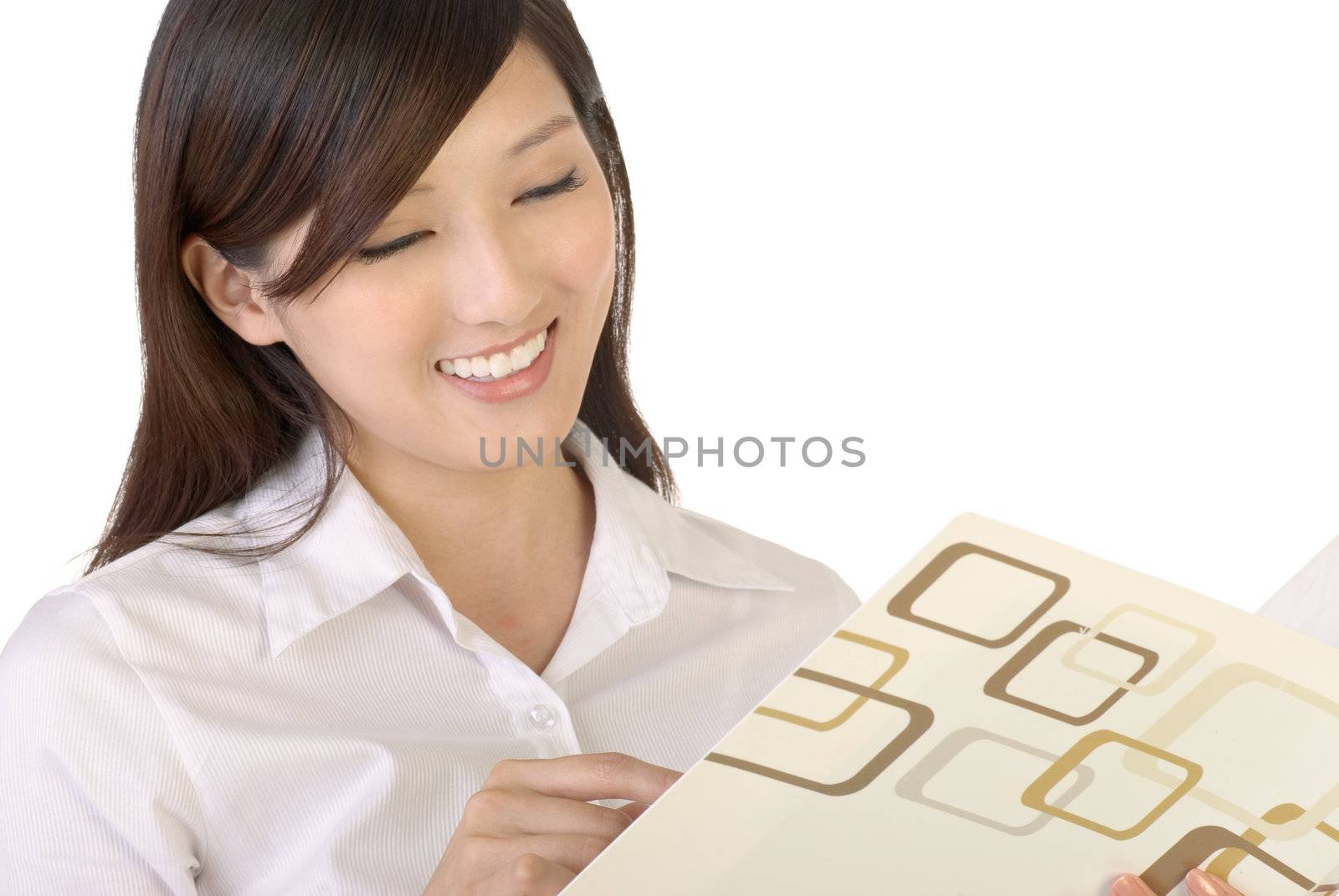 Business woman read report in document and smile.