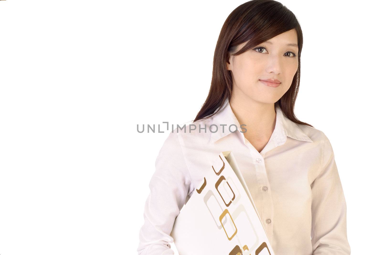 Successful business woman portrait of Asian with file document on white background.