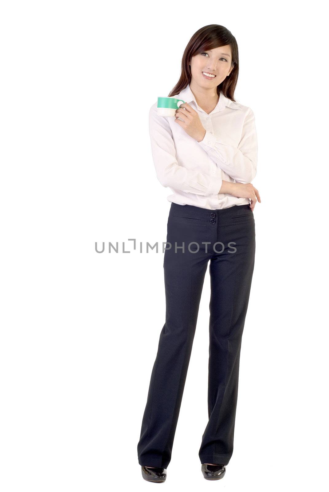 Business woman take rest with cup of drink on white background.