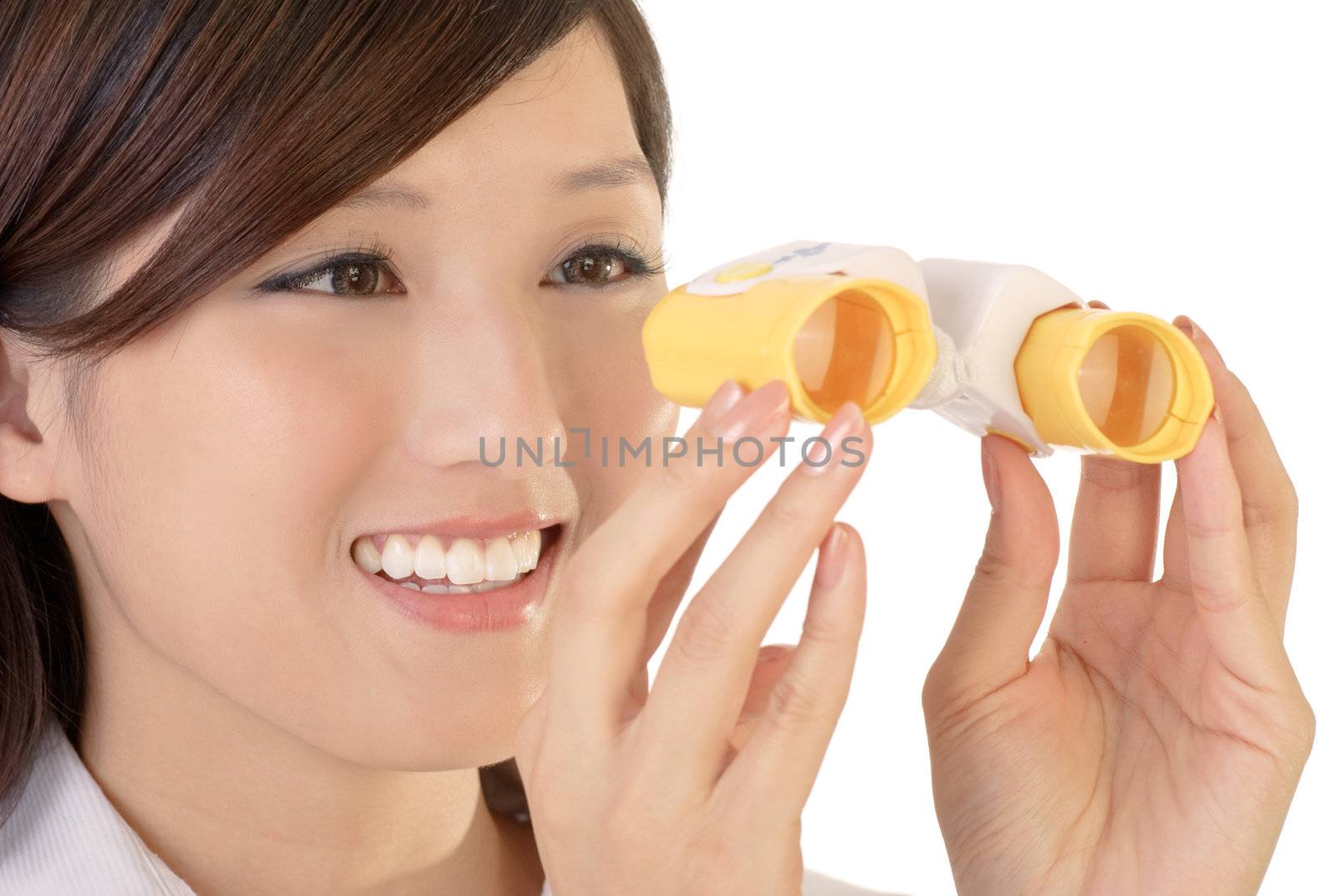 Business woman holding telescope watching and smile on white background.