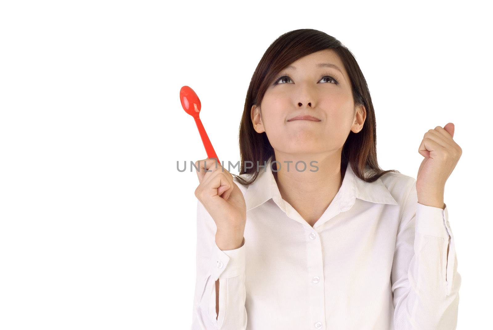 Time to eating with businesswoman holding tablespoon and smile on white background.