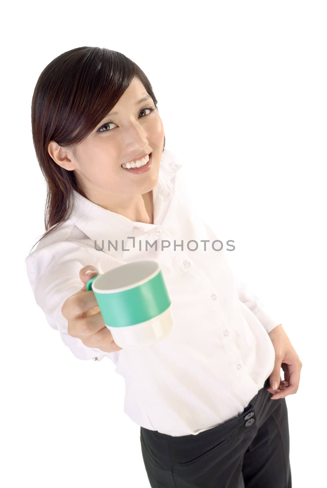 Business woman share cup of drink with smile expression on white background.