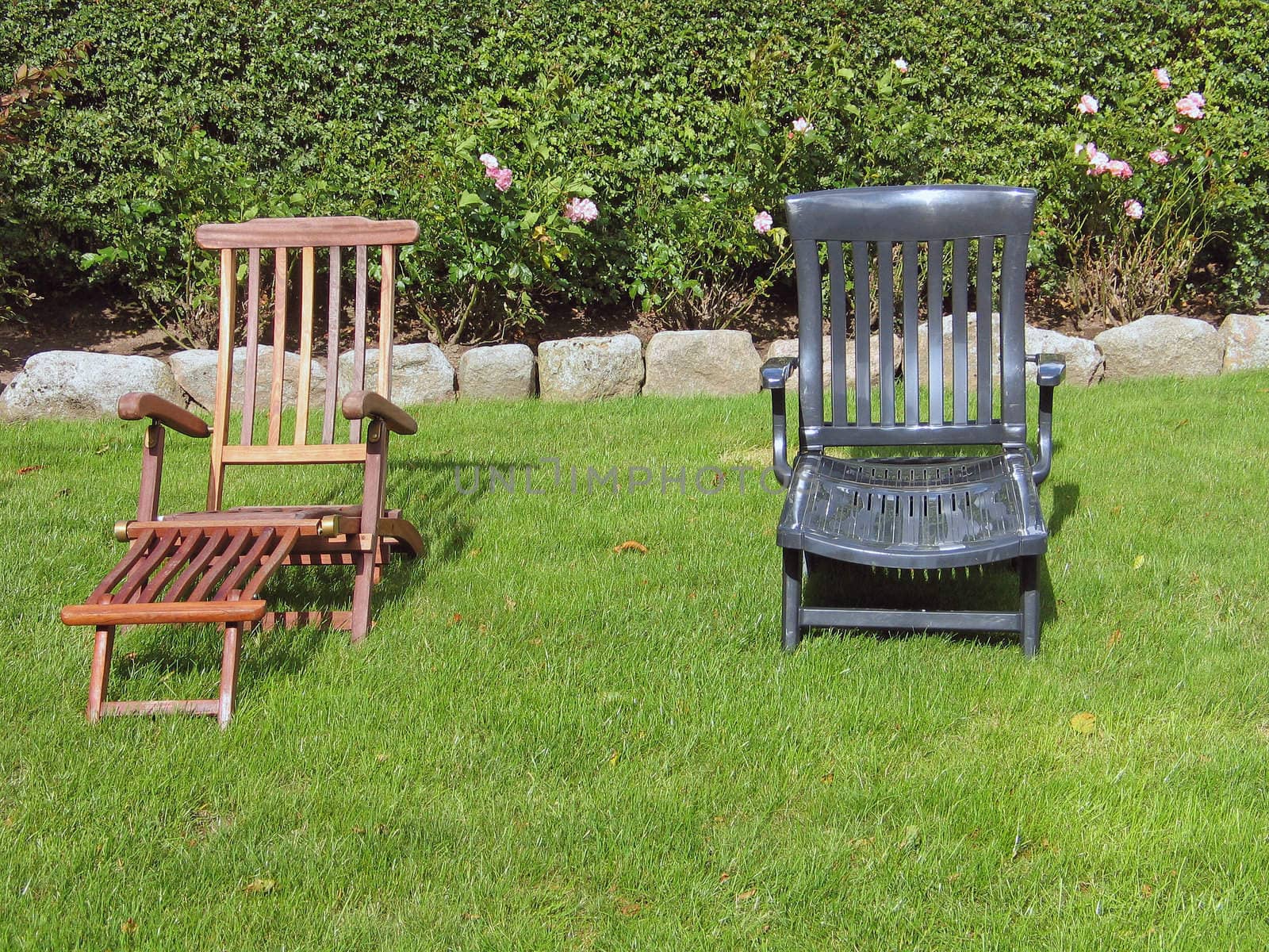 Relaxation sunbathing chairs in a yard garden