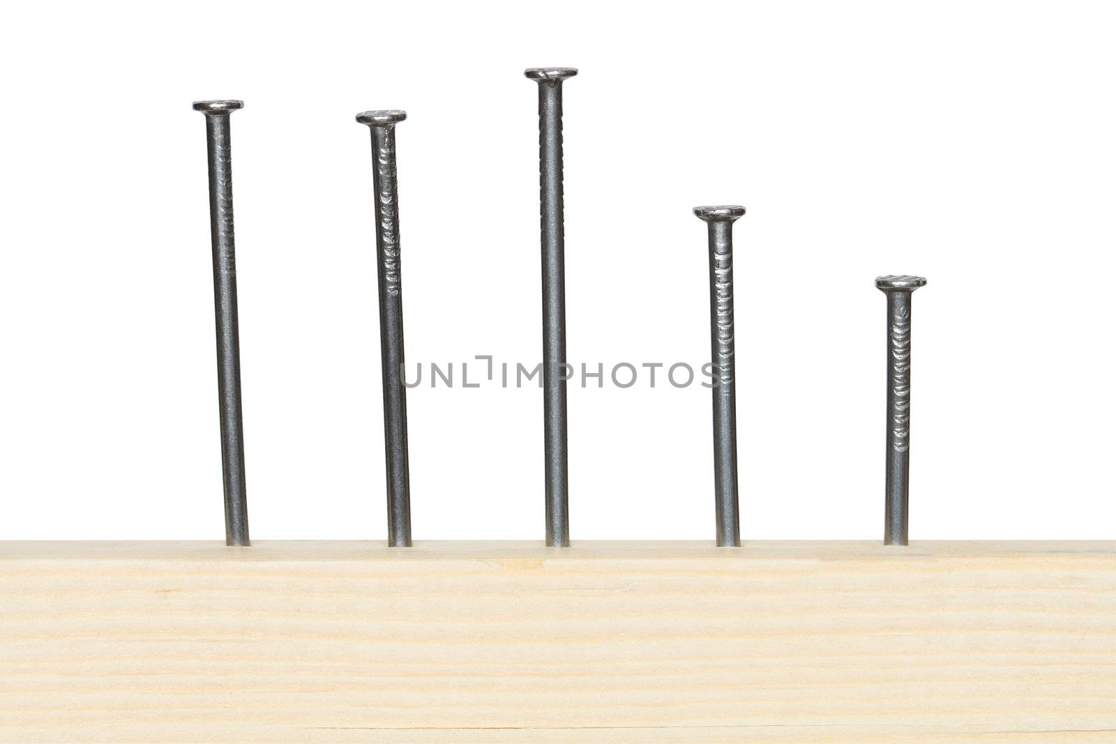 Few nails driving-in wooden board isolated on white background with clipping path