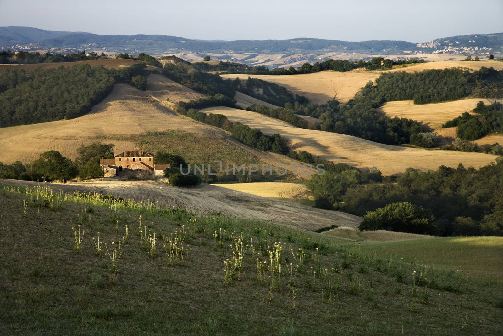 Rolling hills and building in countryside in Tuscany, Italy.