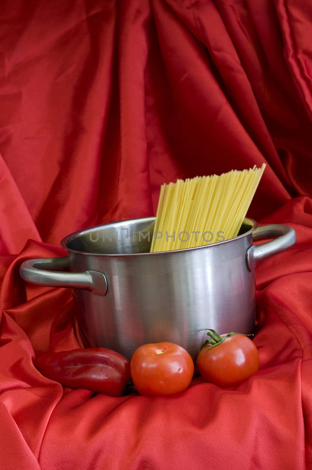 shiny silver pot and spaghetti, on red background