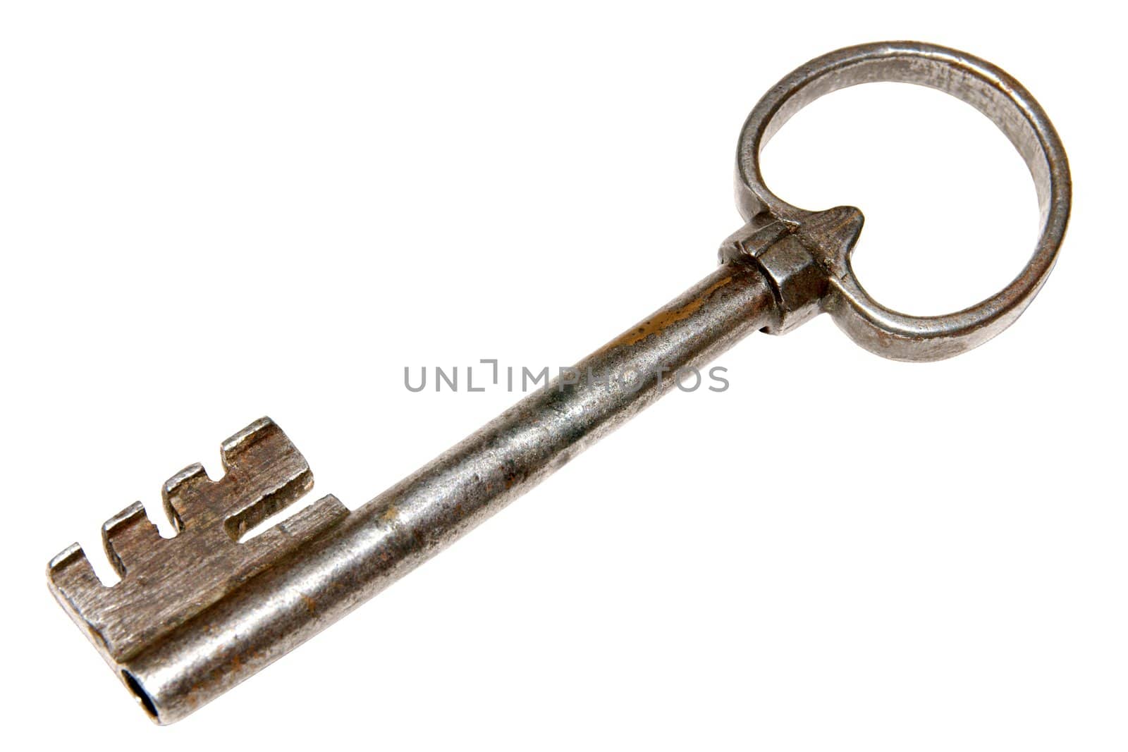 Old rusted key isolated on white background close-up.