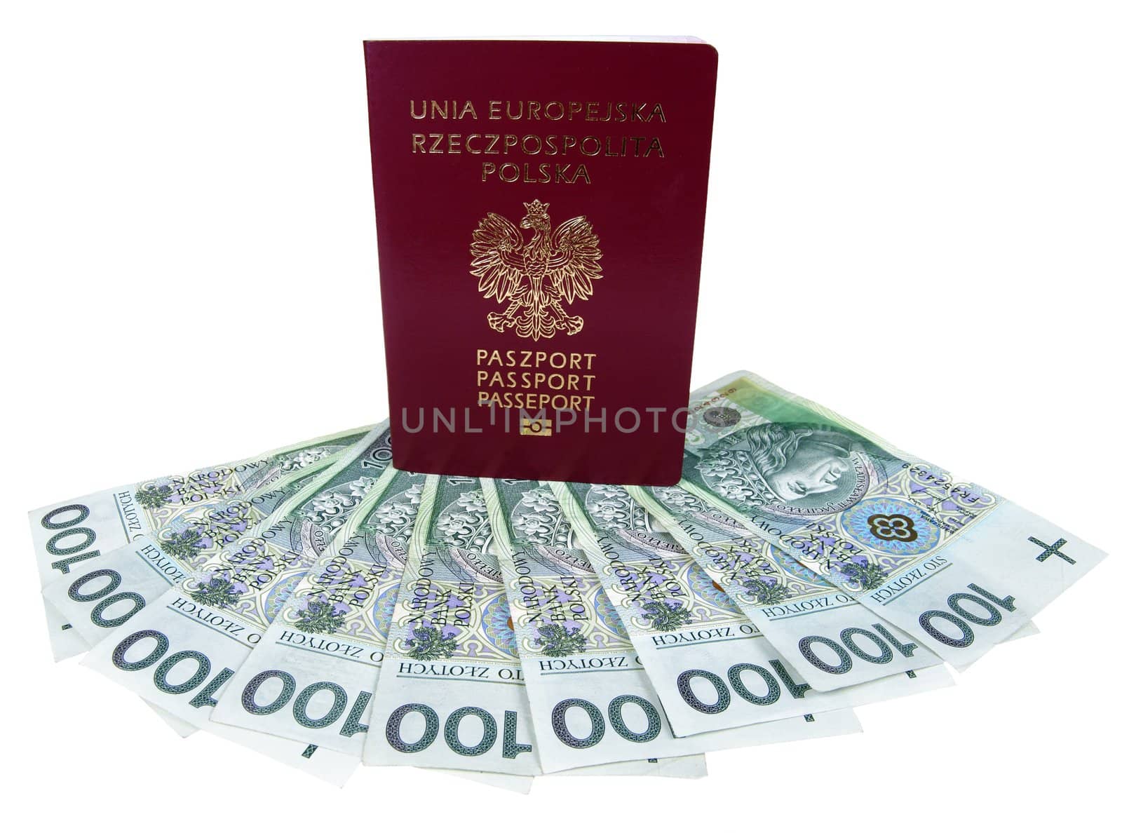 European Union passport and polish money isolated on white