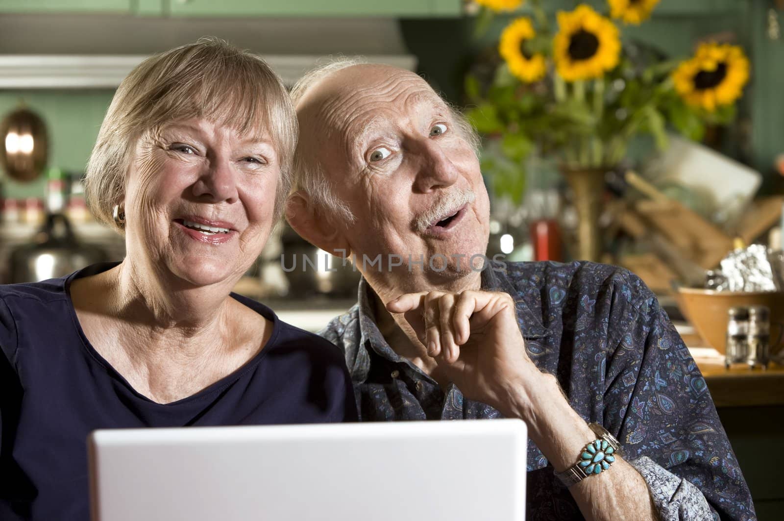 Smiling Senior Couple in their Dining Room with a Laptop Computer