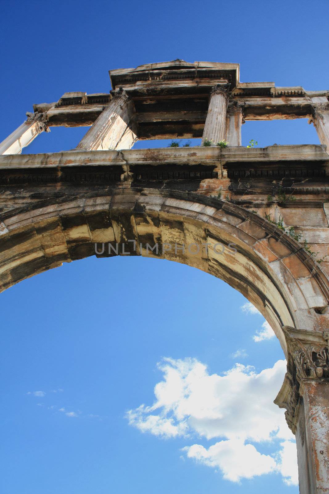 Hadrian's marble Arch (Pyli Adrianou) in Athens, Greece, erected by the emperor Hadrian in AD 131 to mark the division between the ancient Greek city and the modern Roman one.