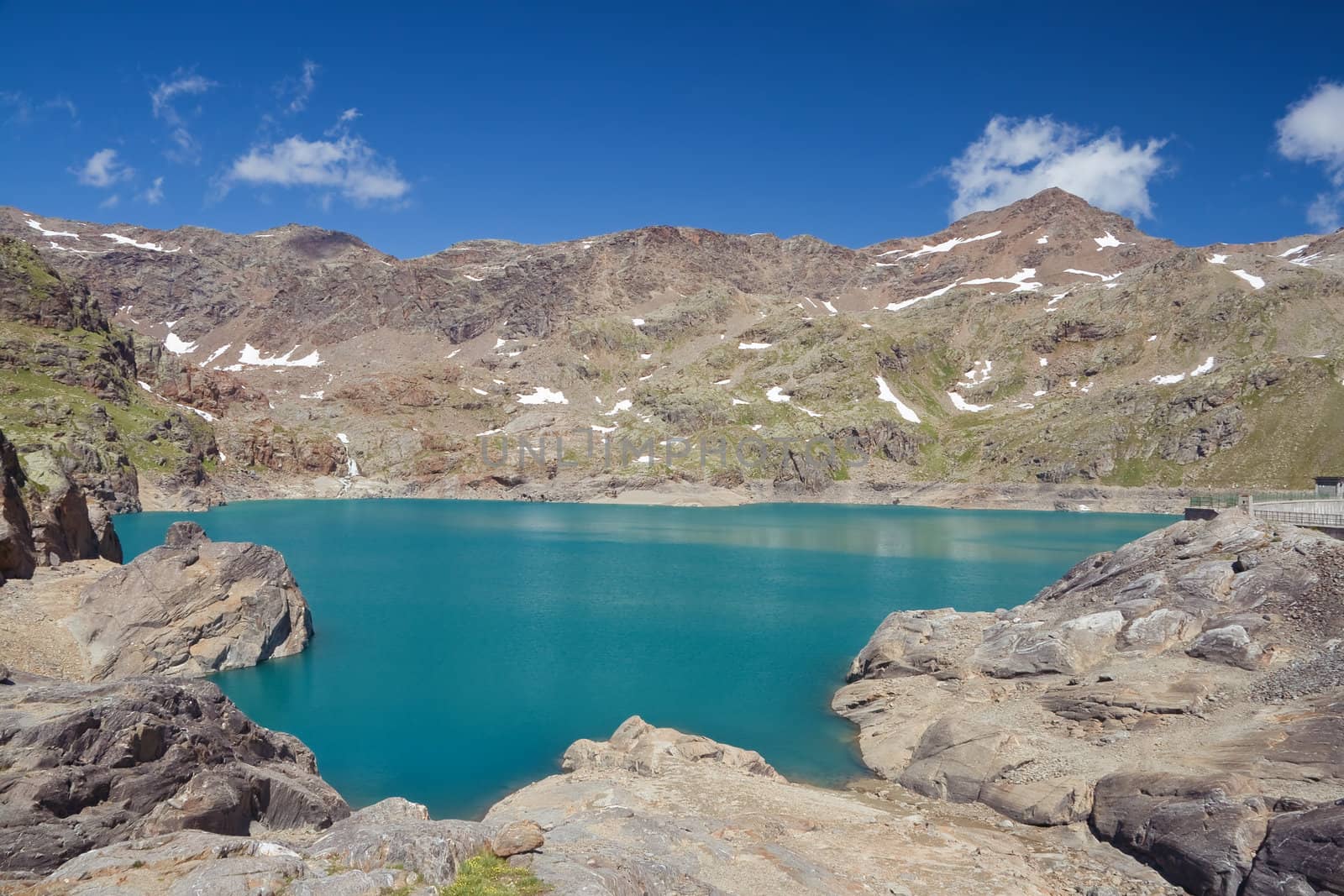 summer view of artificial Careser Lake in Stelvio National Park, Trentino, Italy