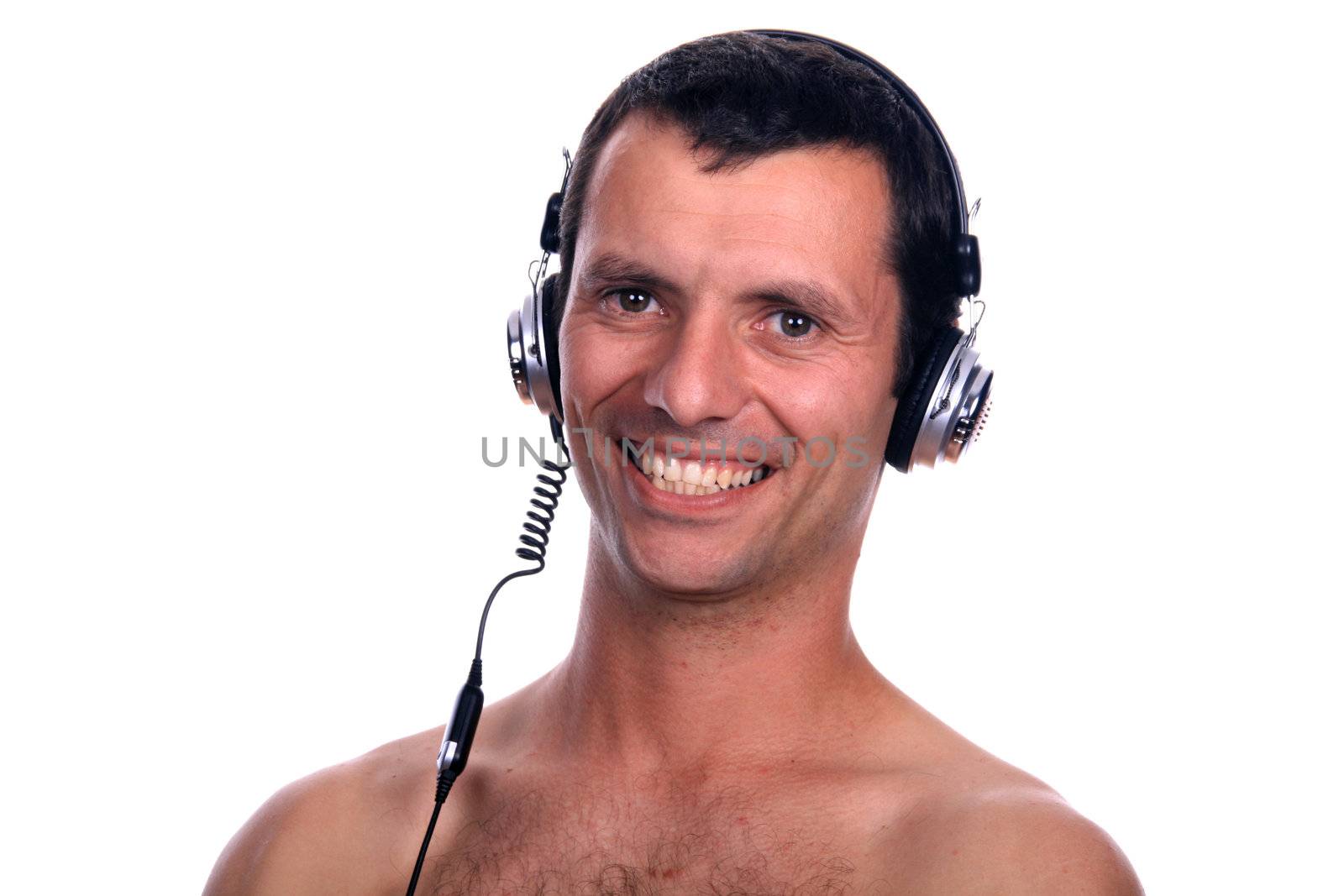 young man with headphones listening music