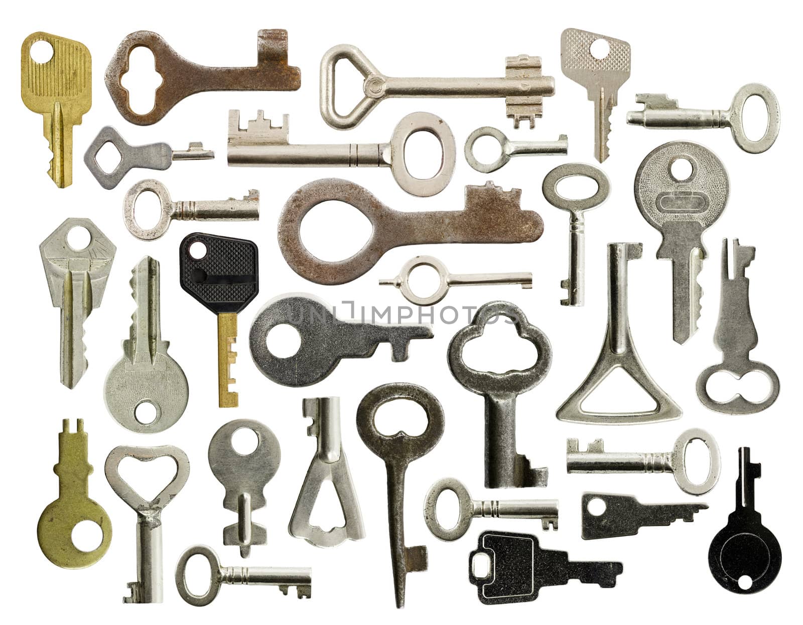 Collection of old keys isolated on white