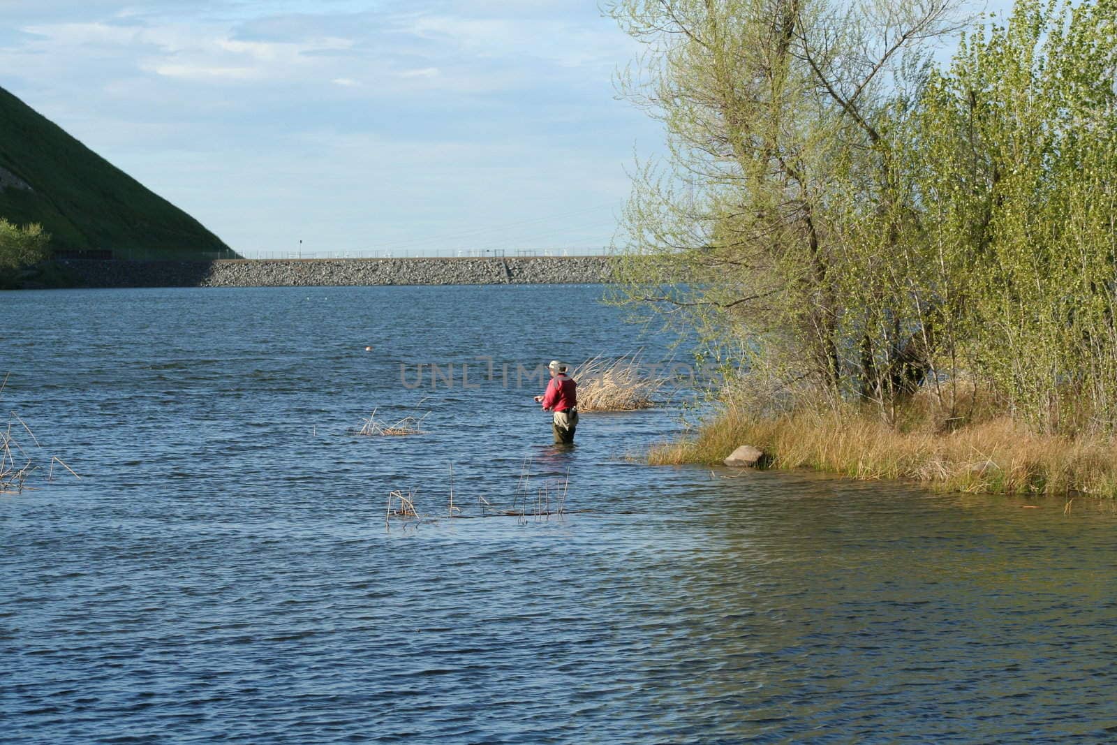 Fisherman fishing on a shore on a sunny day.