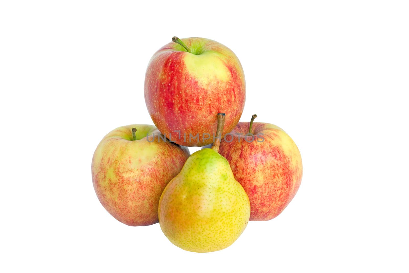 Three apples and pears, isolated on a white background.