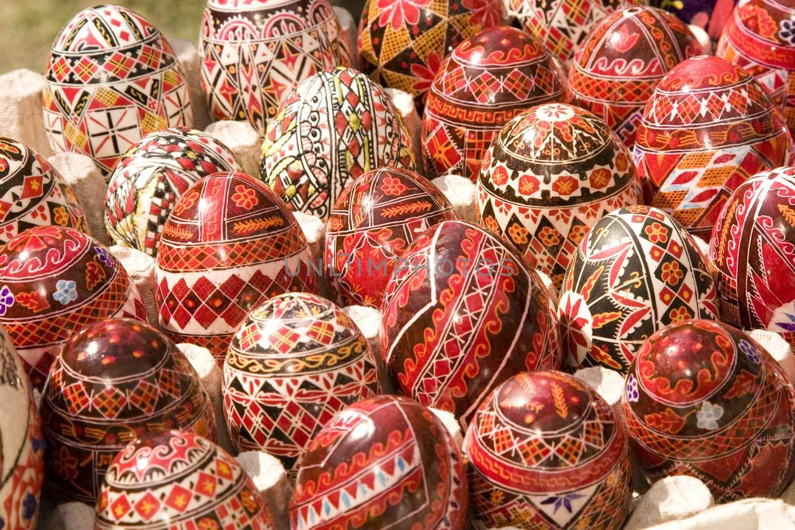 Painted eggs decorated by various techniques before Easter