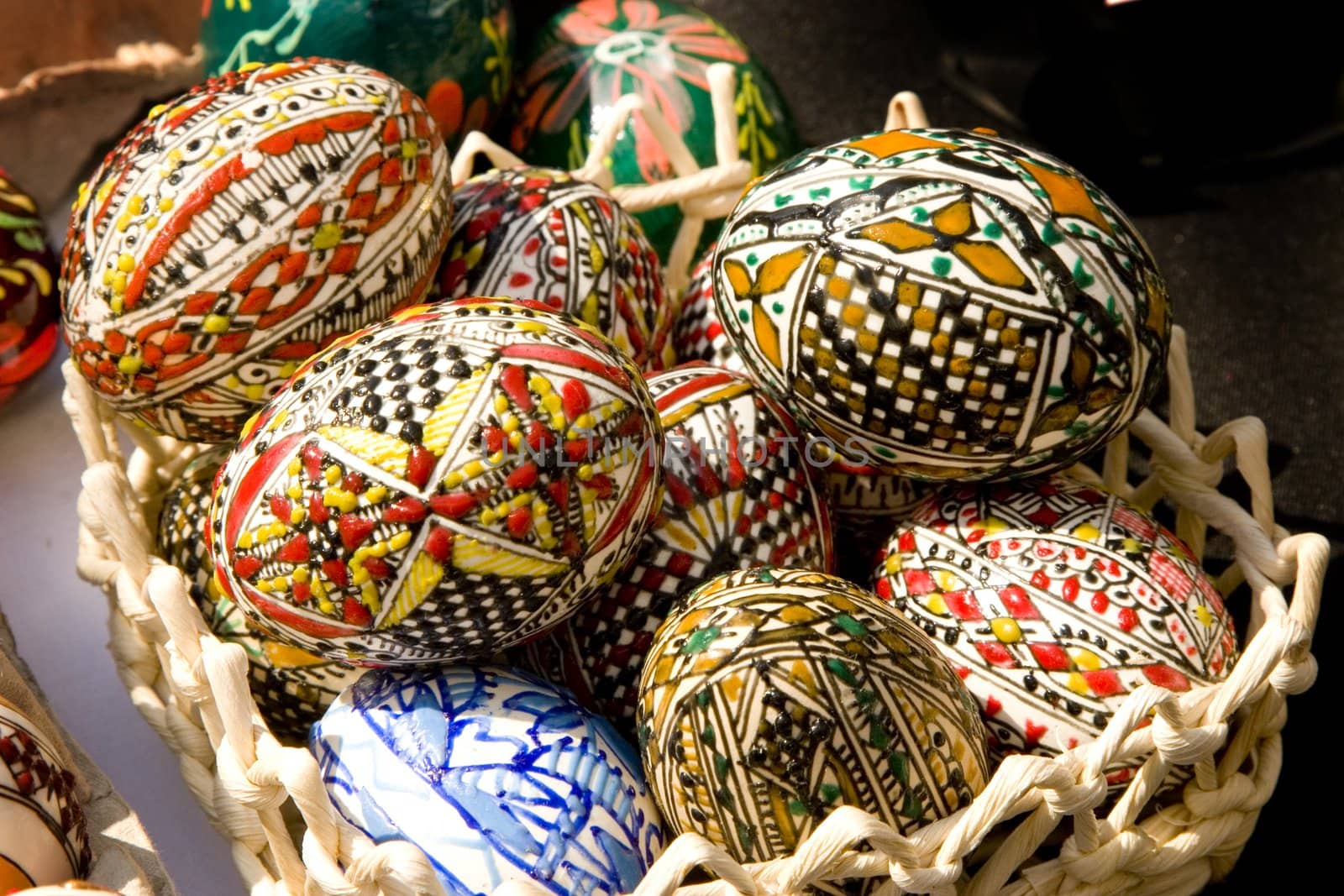 Painted eggs decorated by various techniques before Easter.