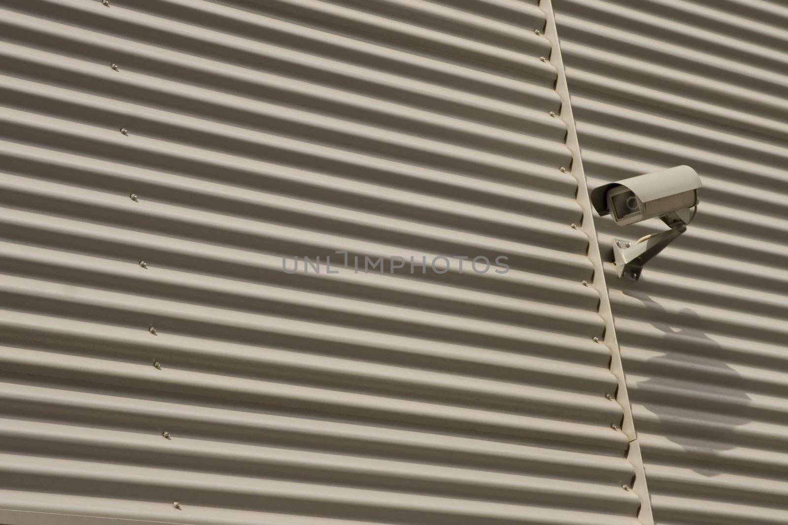 detail of surveillance camera mounted on metal facade