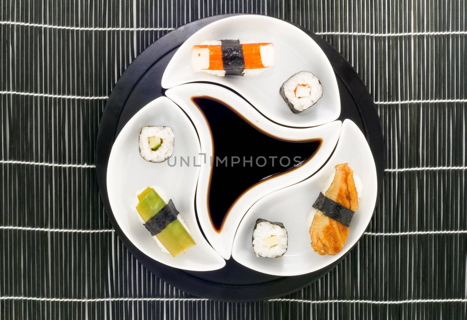 a plate with different kinds of sushi