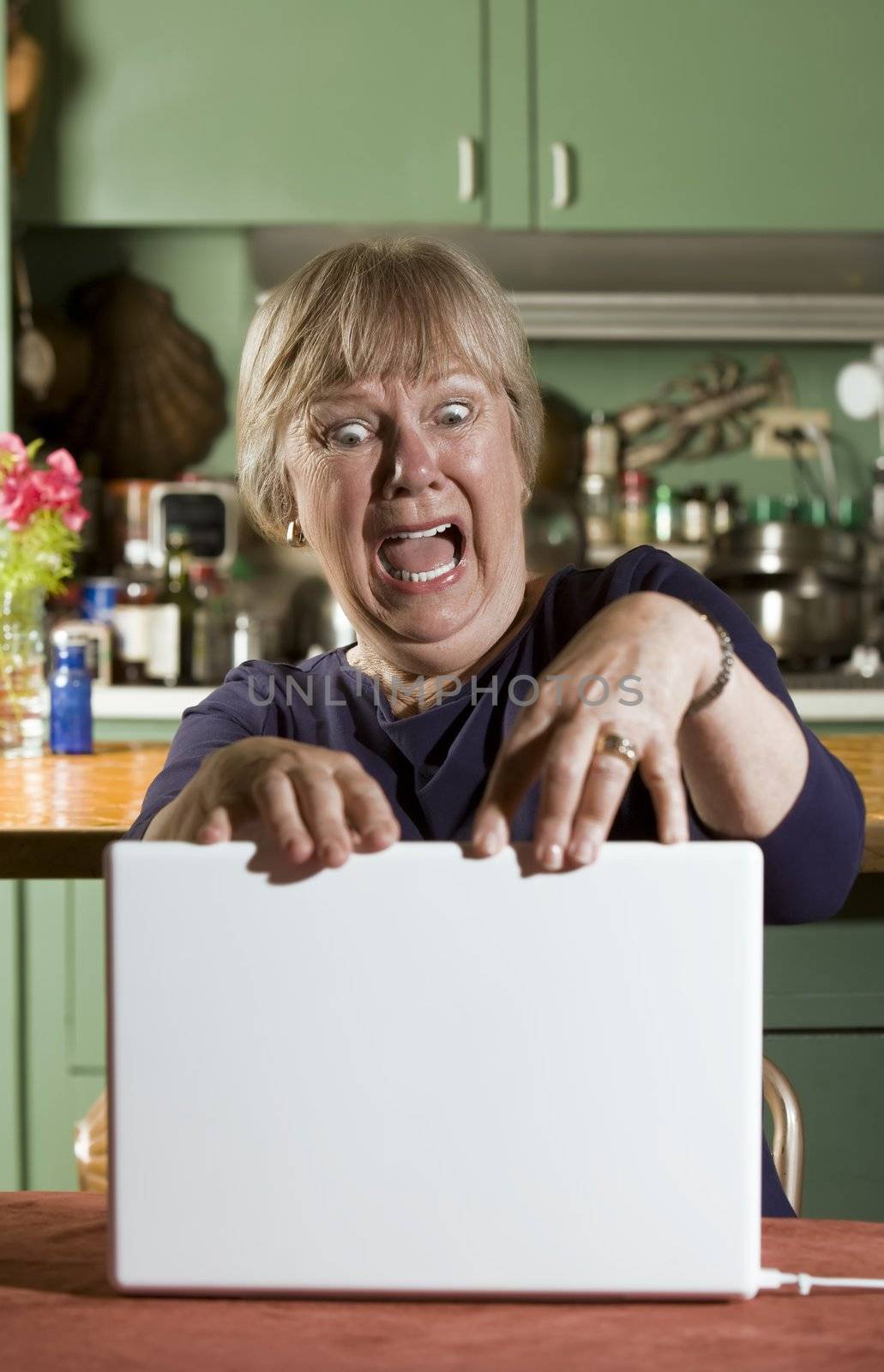 Shocked Senior Woman in Dining Room with a Laptop Computer