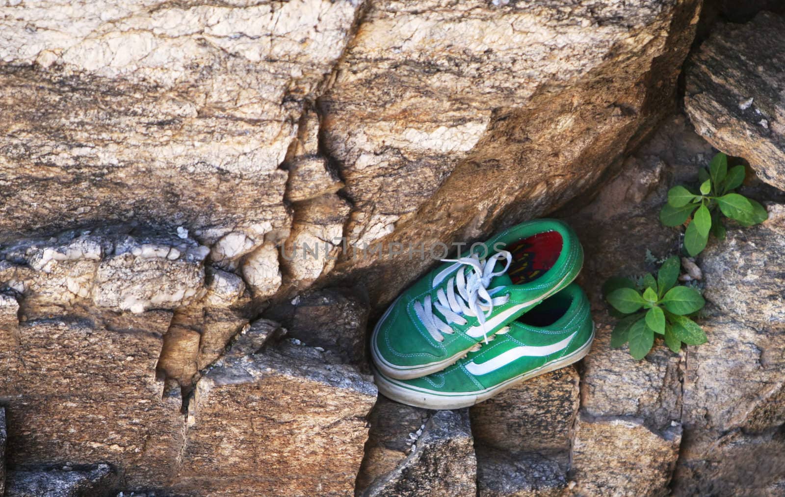 Green tennis shoes resting on a rock ledge