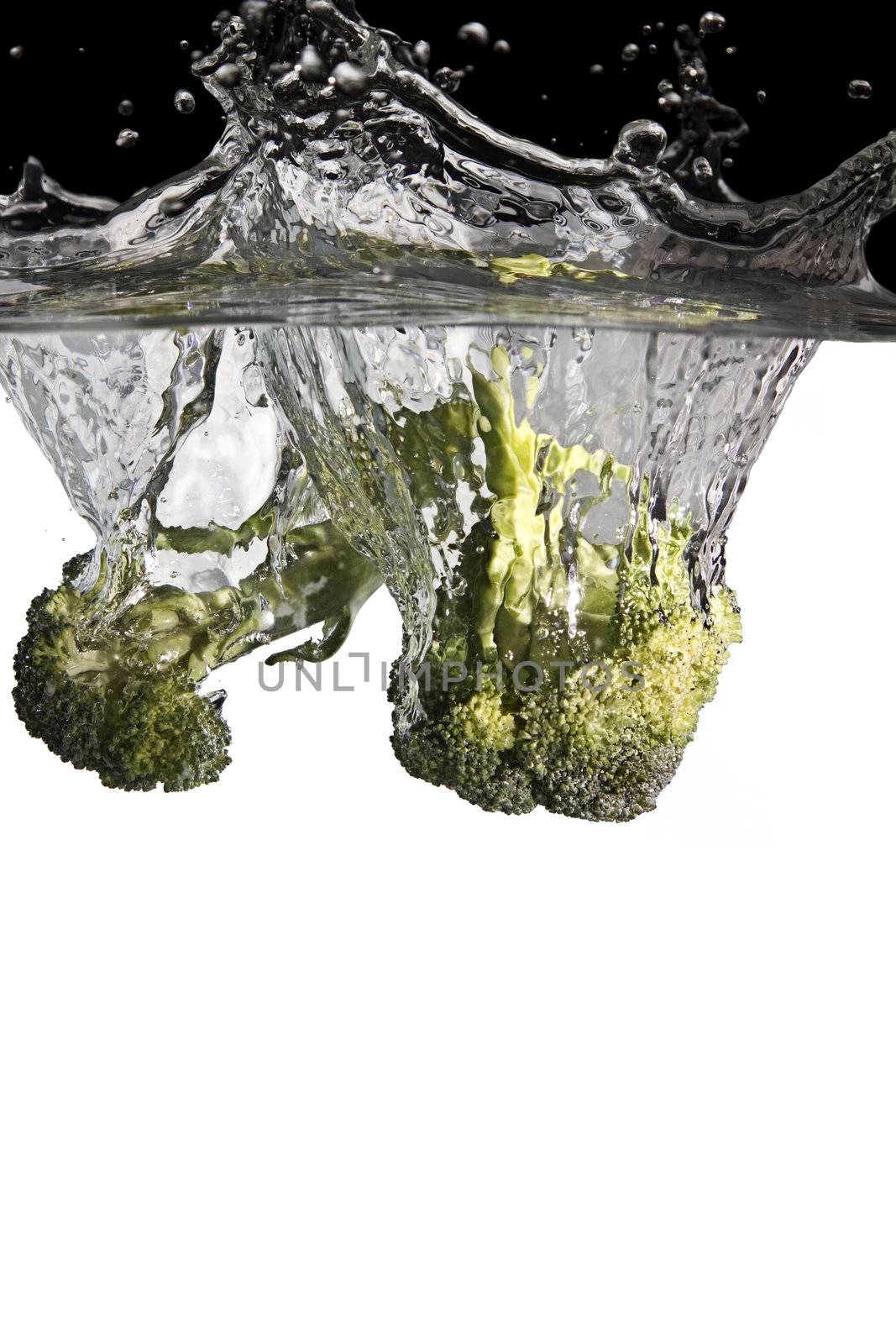 some broccoli in water with black and white background