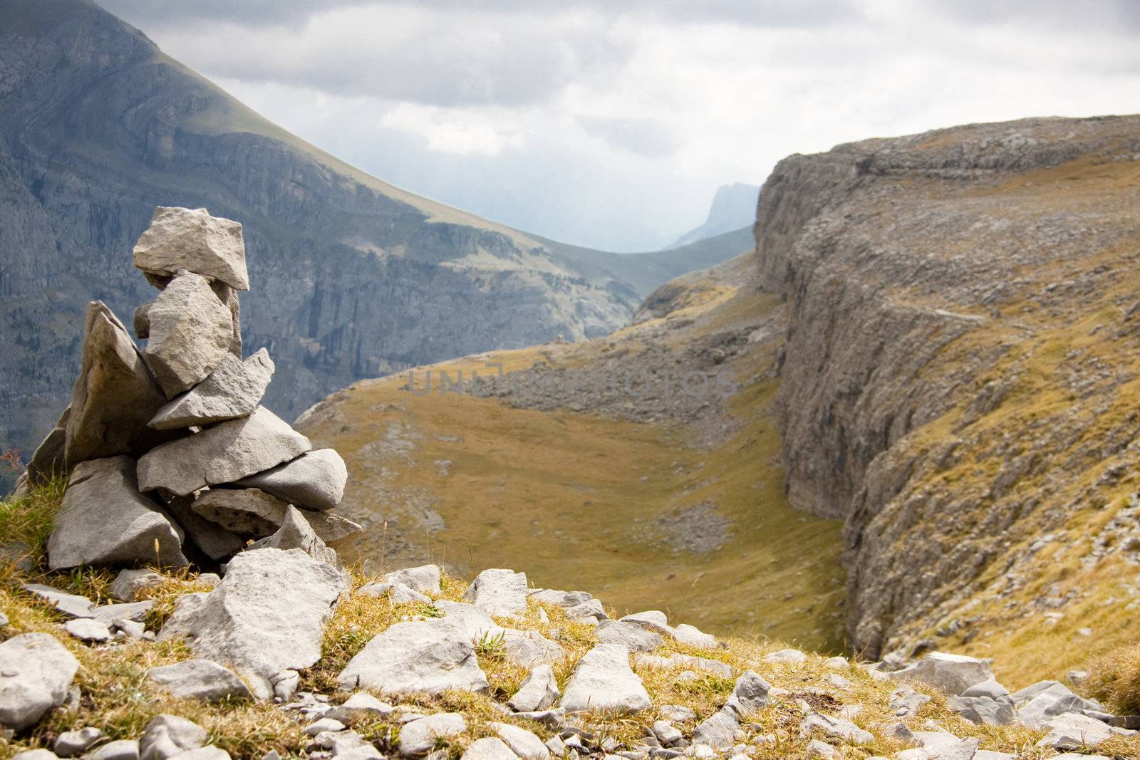 View on big Canyon Anisclo  in Ordesa Nation Park in Pyrenees, Spain. Autumn cloudy day.