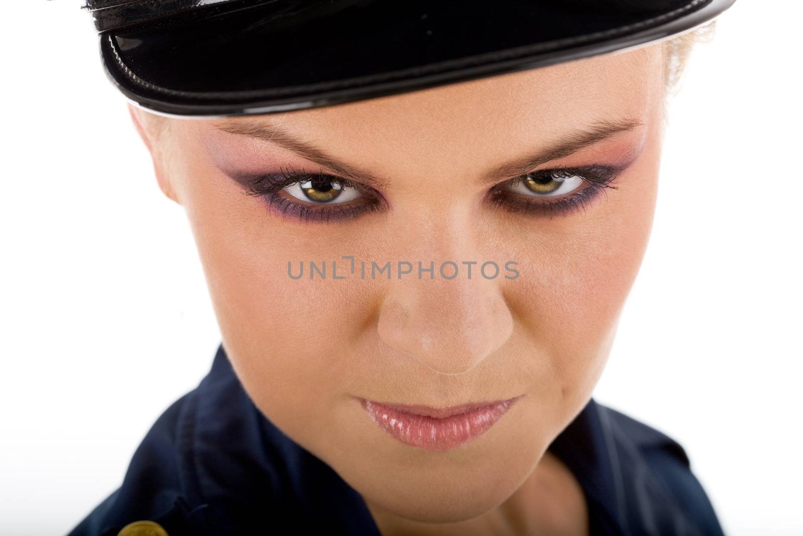 Close-up potrait of young sexy police woman