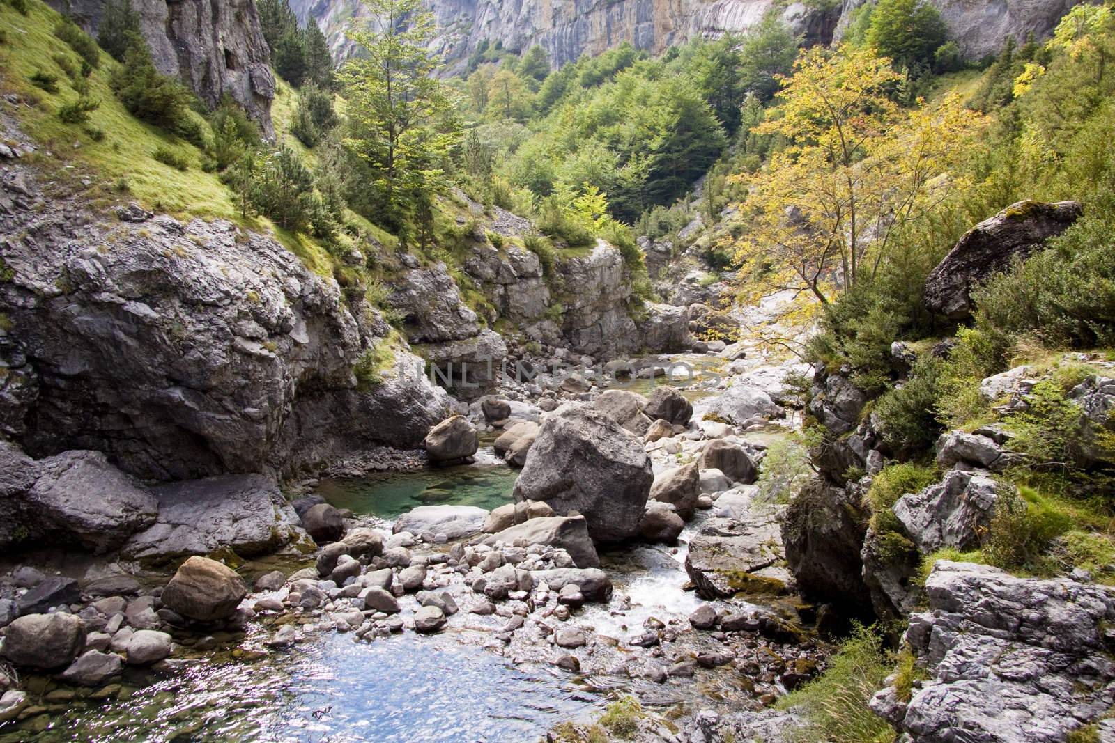 River Bellos in big Canyon Anisclo  in Ordesa Nation Park in Pyrenees, Spain. Autumn time.