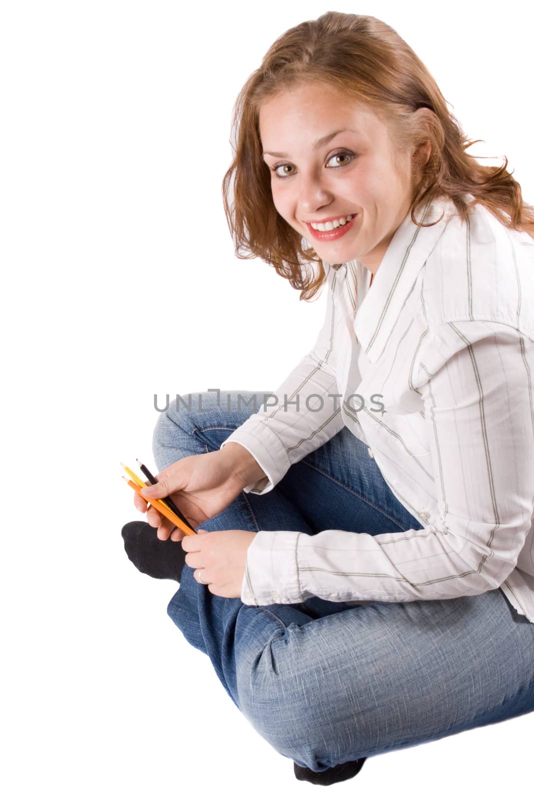 Beautiful girl sitting with crayons in her hands. Isolated on white. #8