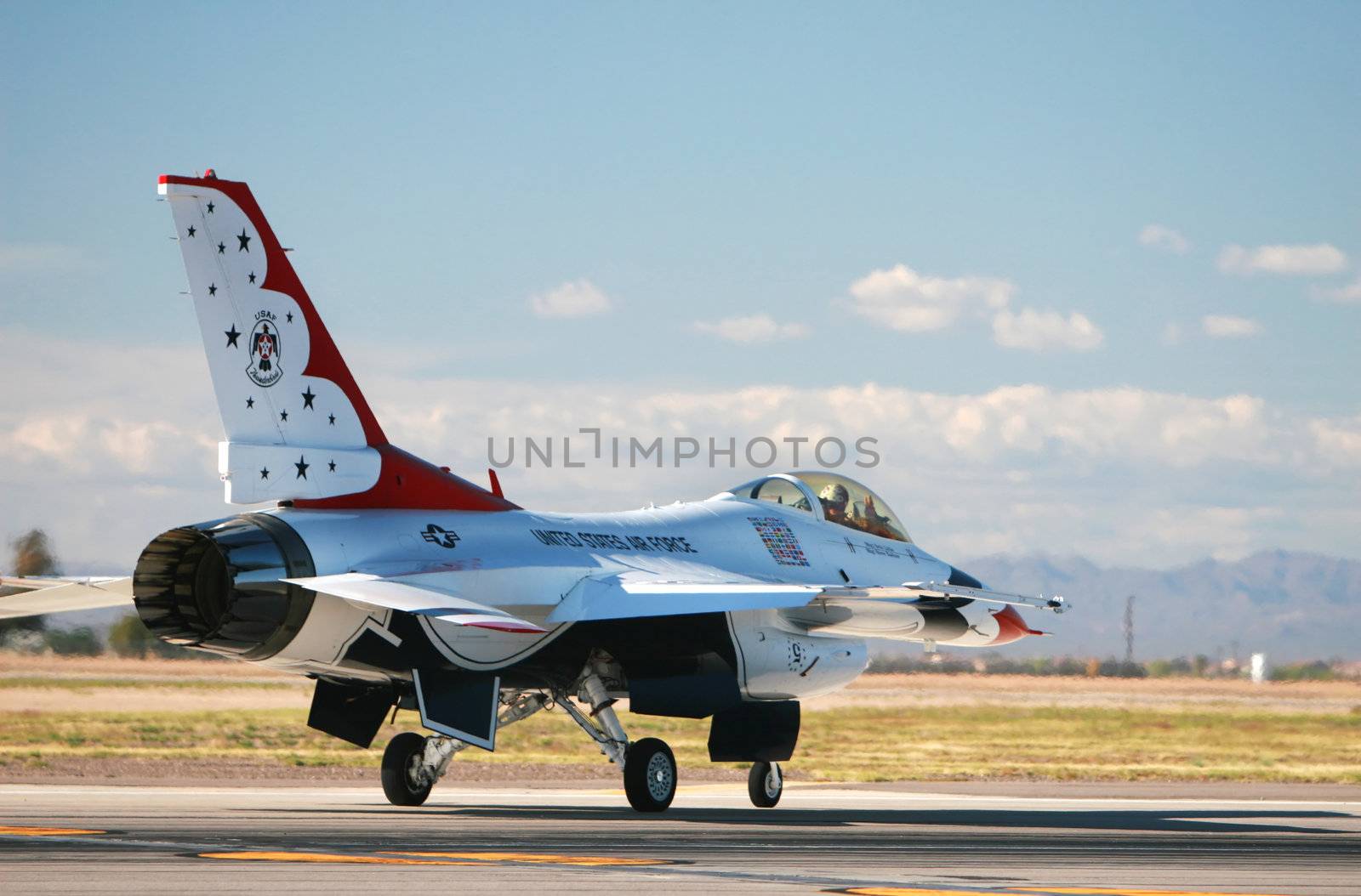 An F16 fighter jet is ready for take off. 