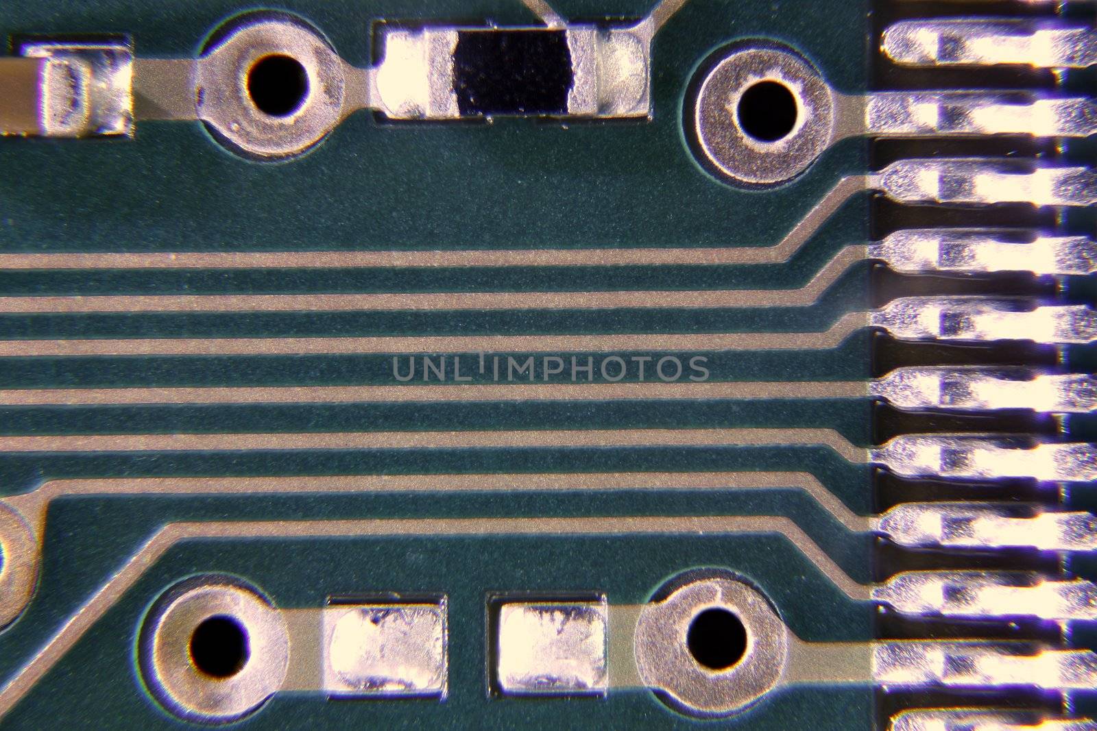 Electronic components taken with compound microscope. Magnification 20X.  Vivid colours can be seen. Images taken using techniques which aid depth of field which otherwise would not be possible with this kind of microscopic photography.