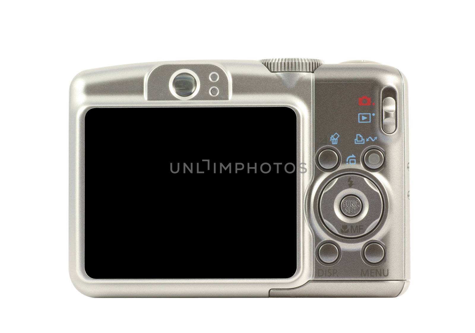 Digital compact camera back side isolated in white