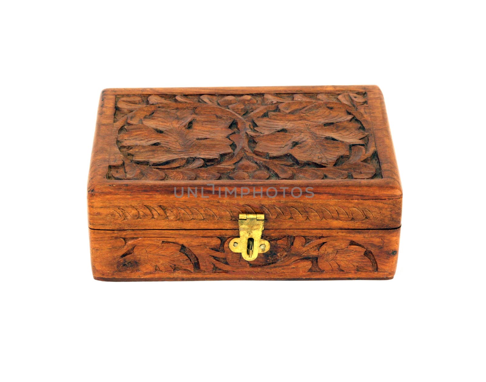 Engraved wooden box isolated in white