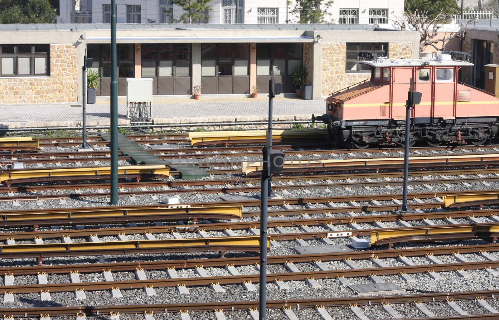 Railway tracks and depot with train in Athens, Greece