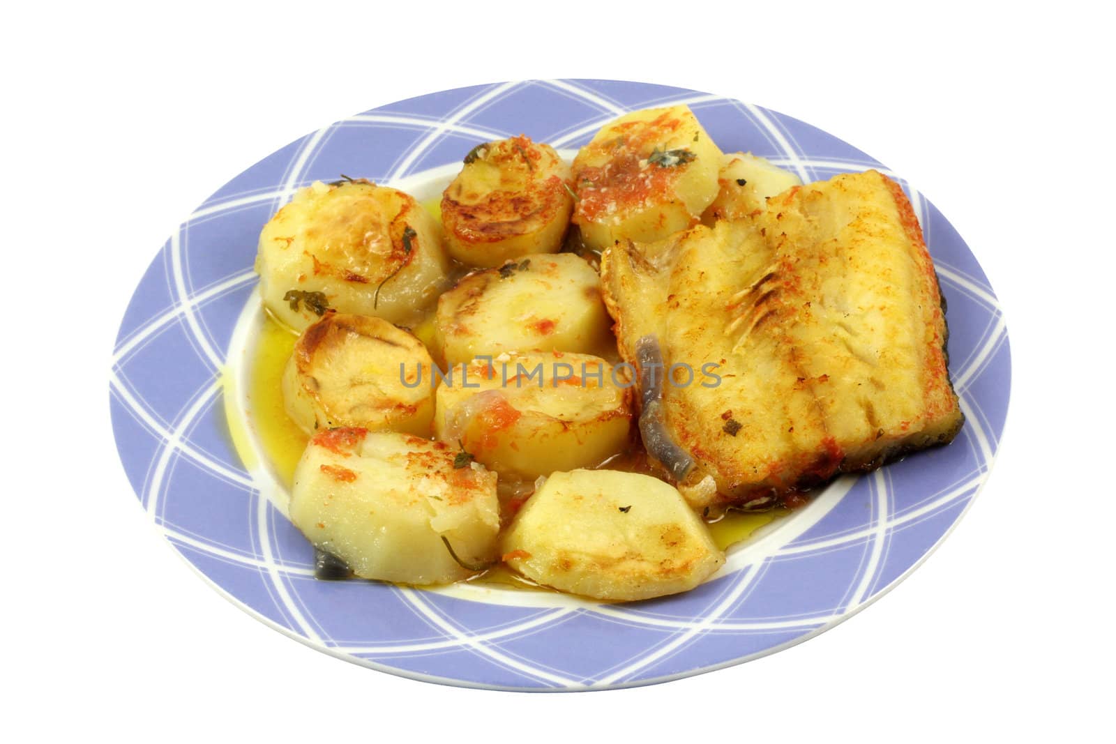 Salt cod fish and chips isolated in white