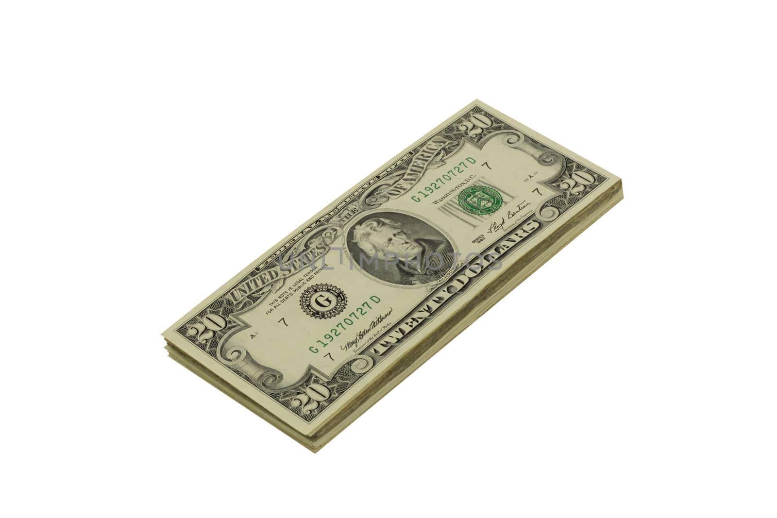 Stack of twenty dollar bills isolated in white