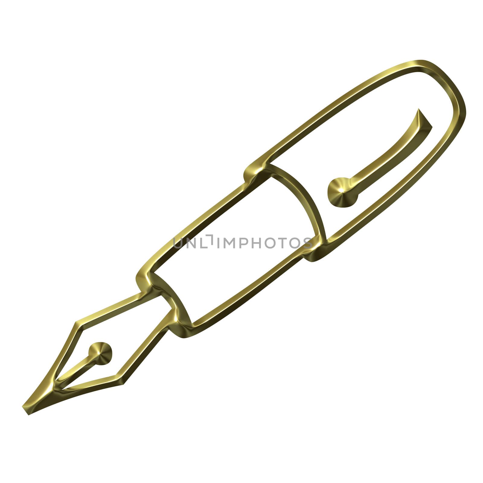 3d golden fountain pen isolated in white