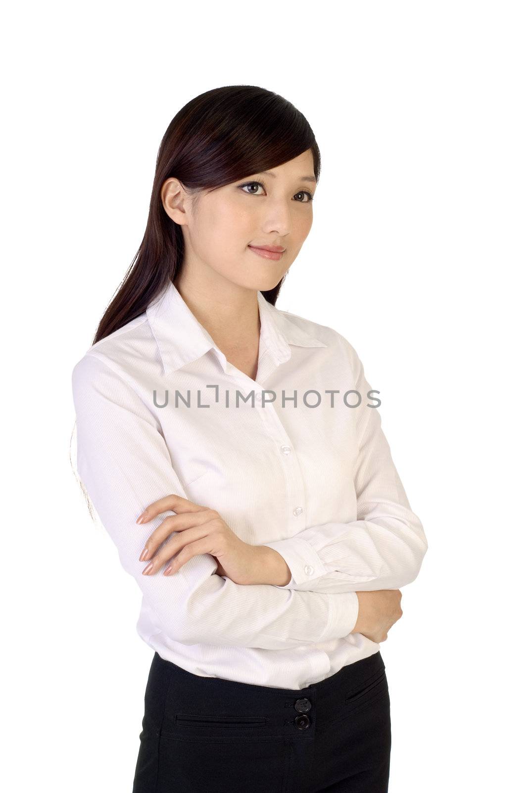 Confident business woman portrait of Asian in white background.