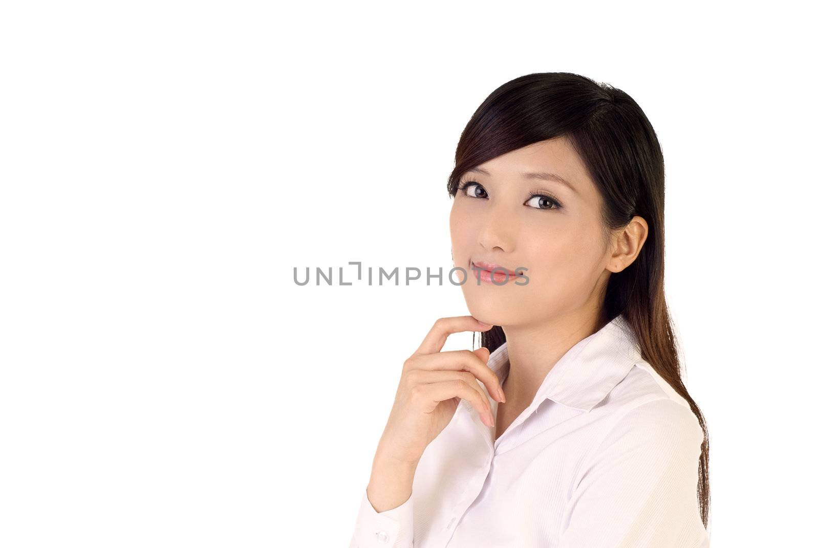 Cheerful business woman portrait of Asian on white background.