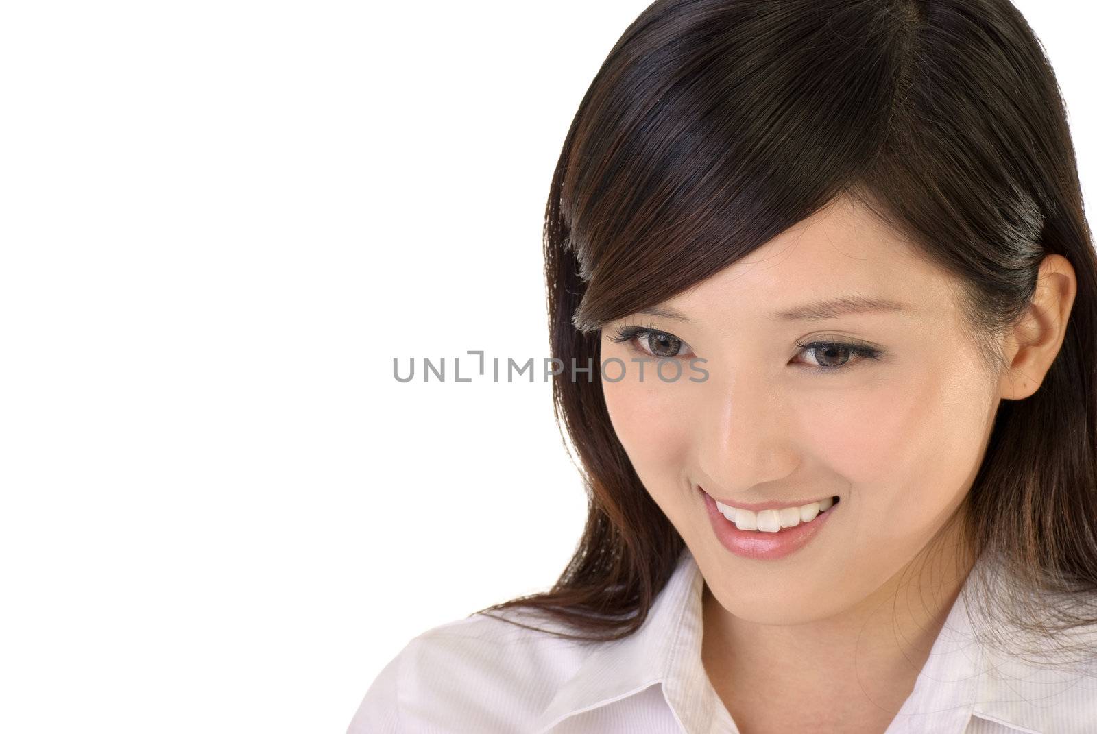 Closeup businesswoman portrait of Asian with smile on white background.