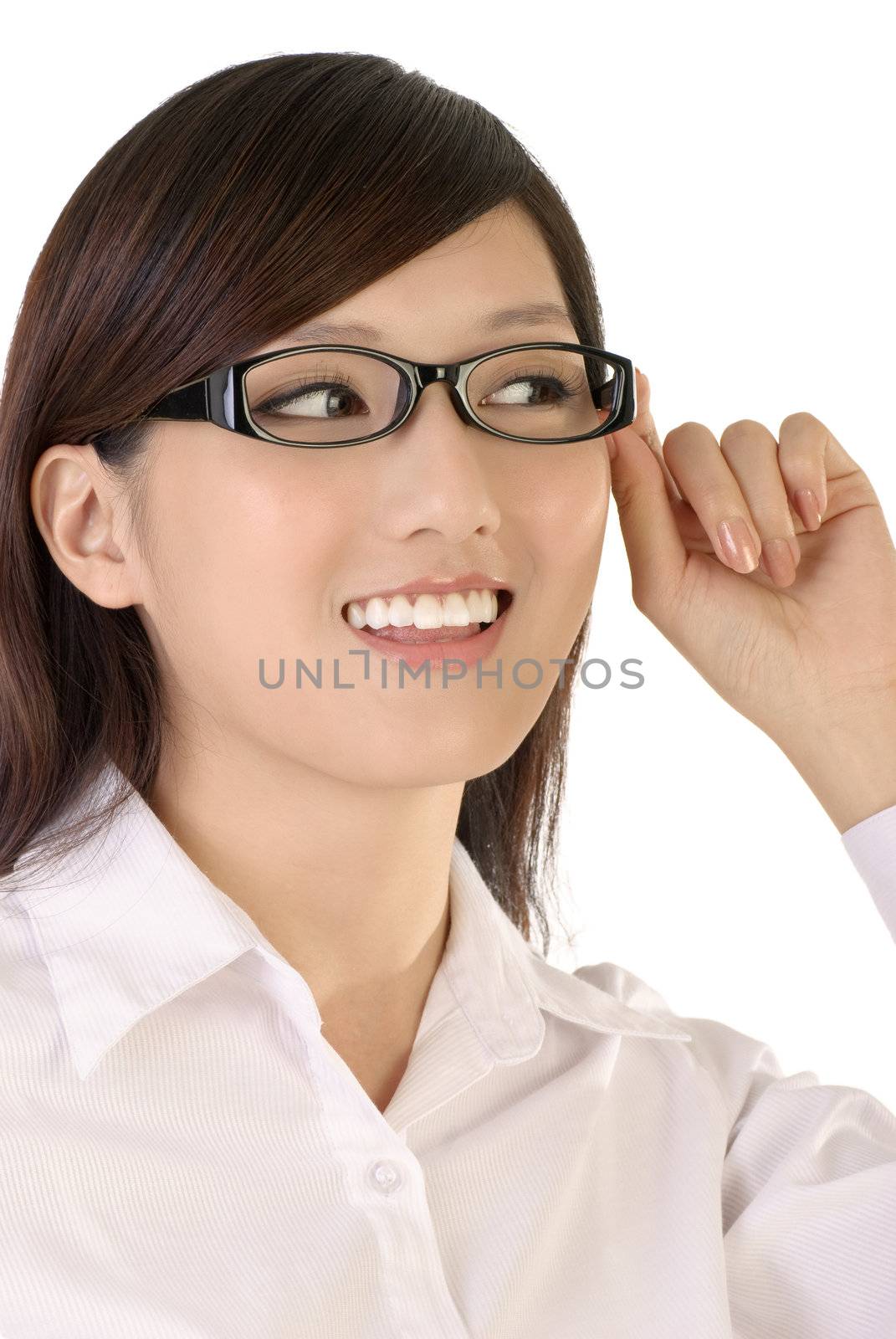 Successful business woman portrait of Asian with glass smiling.