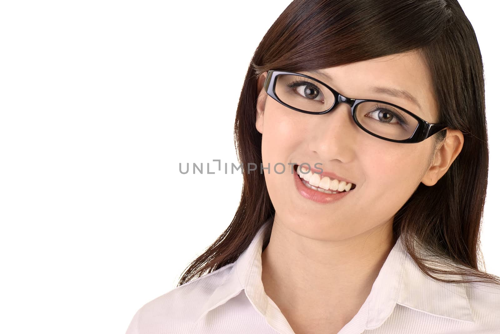 Smiling Asian businesswoman portrait closeup image on white background.